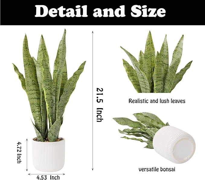Artificial Realistic Snake Plant 21.5" with White Pot Fake Snake Plants Sansevieria Greenery Faux Snake Plant for Home Office Living Room Housewarming Gifts Indoor Decor-LightGreen