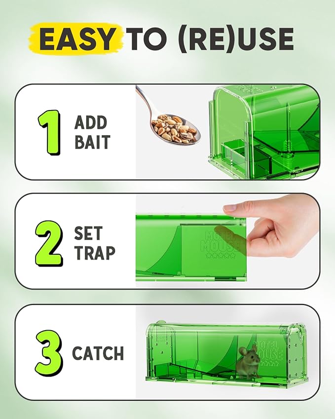 Motel Mouse Humane Mouse Traps No Kill Live Catch and Release 2 Pack - Reusable, Easy to Use & Clean, No Touch Release, Sensitive Includes Cleaning Brush, Instruction Manual & Video - Mousetrap Indoor
