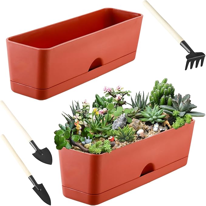 2-Pack Large Window Boxes Planters 16 Inch Rectangle Plant Box Rectangular Plant Pots for Outdoor and Indoor Plants Plastic Windowsill Planters for Herbs Vegetable Flowers Long Window Sill Plant Box