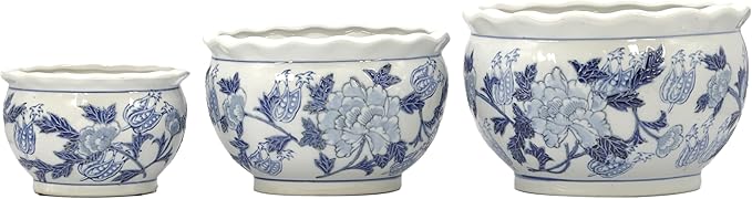 Galt International Blue & White Round Floral Porcelain Ceramic Plant Flower Planter Pot Set of 3 (8", 10", 12") Garden Pots Chinese Asian Design