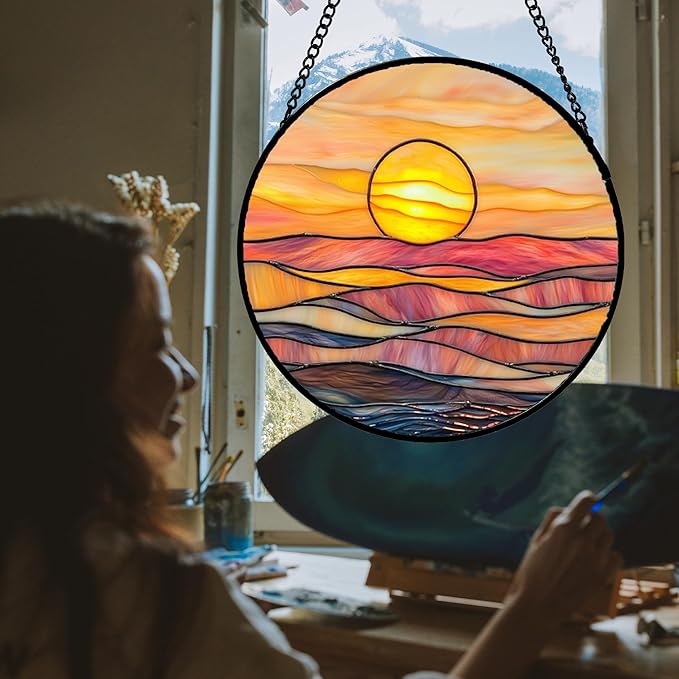 HWRHTR Stained Glass Window Hanging, Orange Sunrise Suncatcher Diamond Glass Panel Hangings Scenery Sun Catchers Decor for Birthday for Women, Men, Wife, Aunt, and Mom 9.8 in