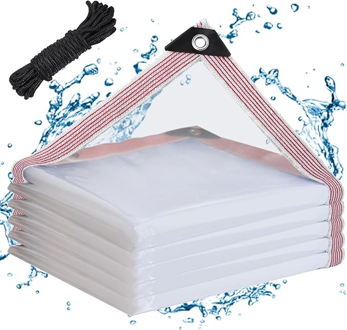 Clear Waterproof Tarp with Grommets,Heavy Duty Clear Vinyl Plastic Tarps for Outdoor,Transparent Tarpaulin PVC Tarps Covering for Patio Henhouse Porch Canopy Plant Camping (White Border, ft-8x8)
