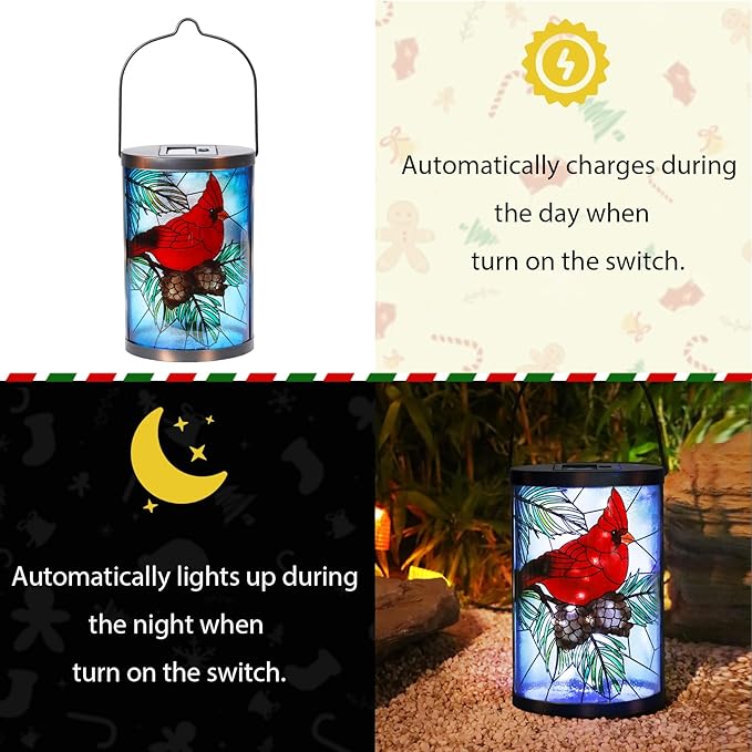 Afirst Christmas Solar Lantern - Cardinal Decorative Glass Solar Lights Outdoor Waterproof Tabletop Lamp for Garden Yard Patio Decor