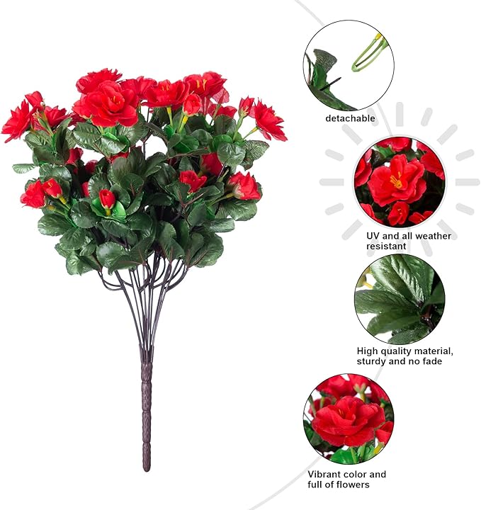 Artificial Christmas Flowers for Spring Outdoor Outside Decor, Fake Silk Red Camellia Flower UV Resistant Realistic Plants for Planter Front Door Porch Patio Table Indoor Holiday, 3 Large Bundles