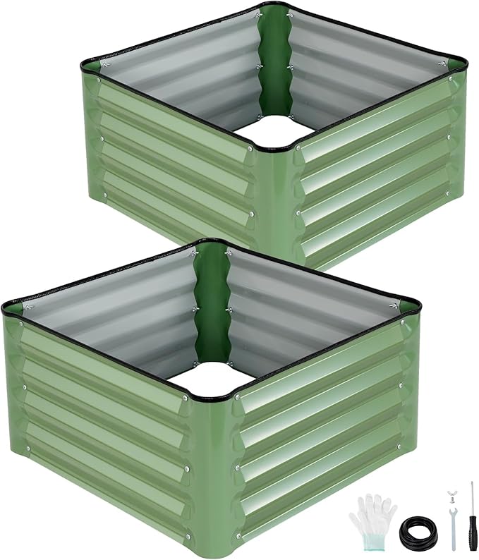 INNO STAGE Galvanized Raised Garden Bed Kits, 2x2x1ft Metal Raised Garden Beds Outdoor, Steel Raised Planter Bed with Gloves for Vegetables & Flowers Patio Ground Planter Box (Olive Green, 2PCS)