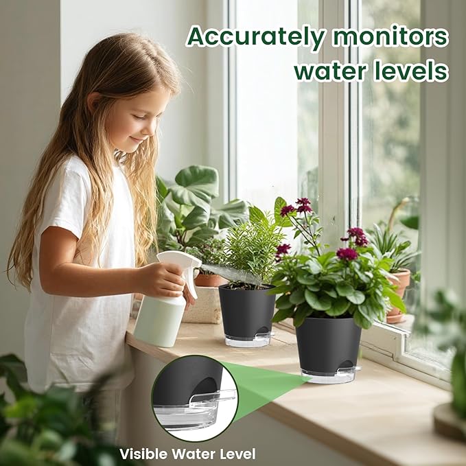 Meowell 6 inch Self Watering Pots for Indoor Outdoor Plants, 3 Pack Flower Plant Pots with Drainage Holes and Clear Reservoirs, Visible Water Level, Plastic Planters with Wicking Rope, Black