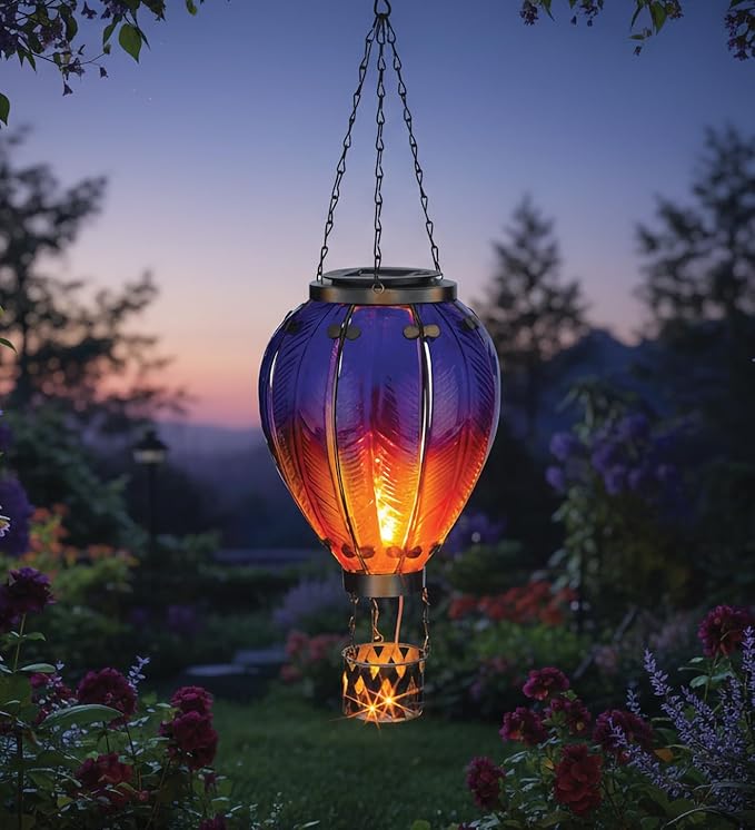 Regal Art & Gift 23.5 Inch Hot Air Balloon Solar Lantern – Hanging Solar-Powered LED Lights, Waterproof Portable Decorative Outdoor Lamp Made of Metal & Glass for Garden, Patios & Pathway – Purple