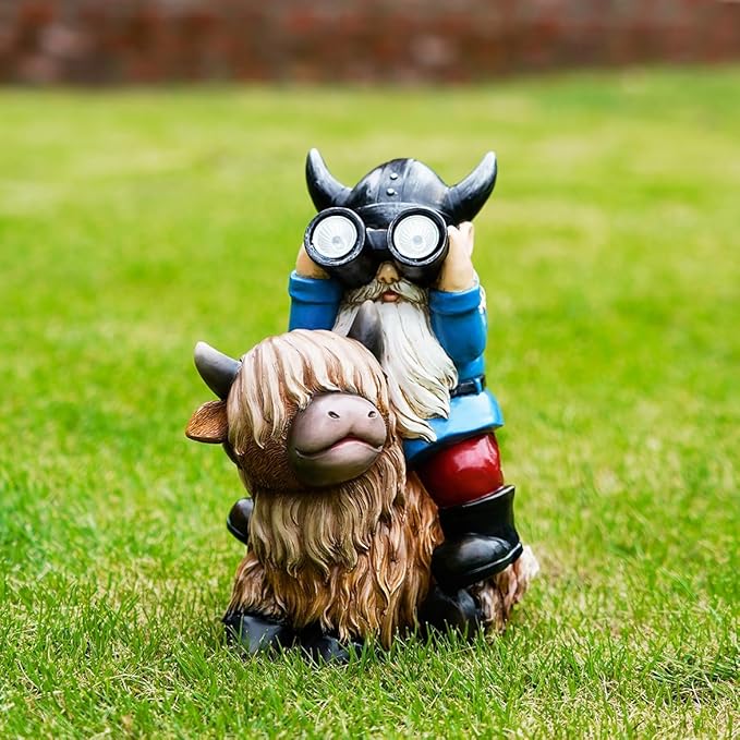 Tolimi Garden Gnome Sitting on Highland Cow Outdoor Statue wiht Solar LED Light Funny Decoration for Yard and Patio Gifts for Mom Christmas Decorations