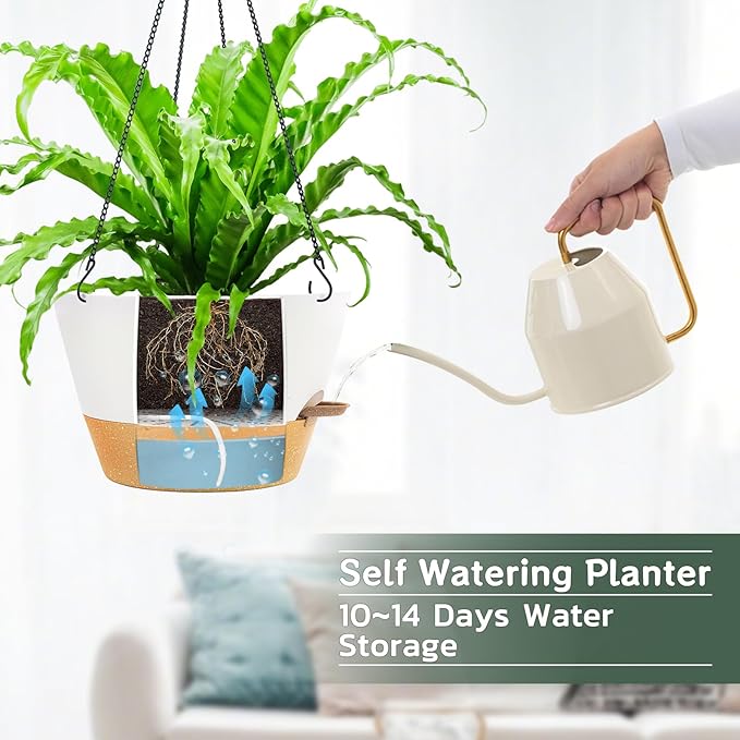 ZMTECH 12 Inch Hanging Planters for Indoor, Large Hanging Plant Pot with Visible Water Level and Chain, Self Watering Hanging Flower Pot for Outdoor Garden Porch(White)