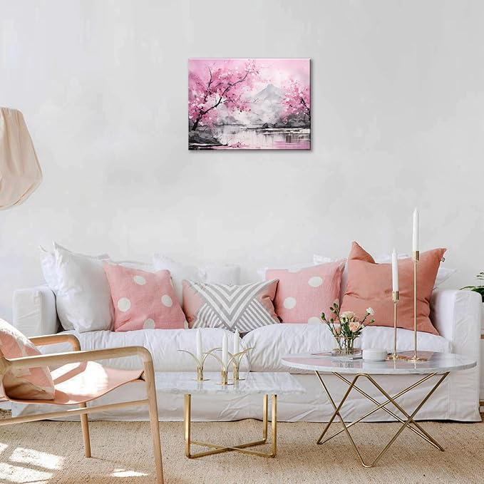 FUNHUA Flower Canvas Wall Art Pink Cherry Blossom Watercolor Picture Print Stretched And Framed For Modern Home Decor Ready To Hang 12"x16" Framed