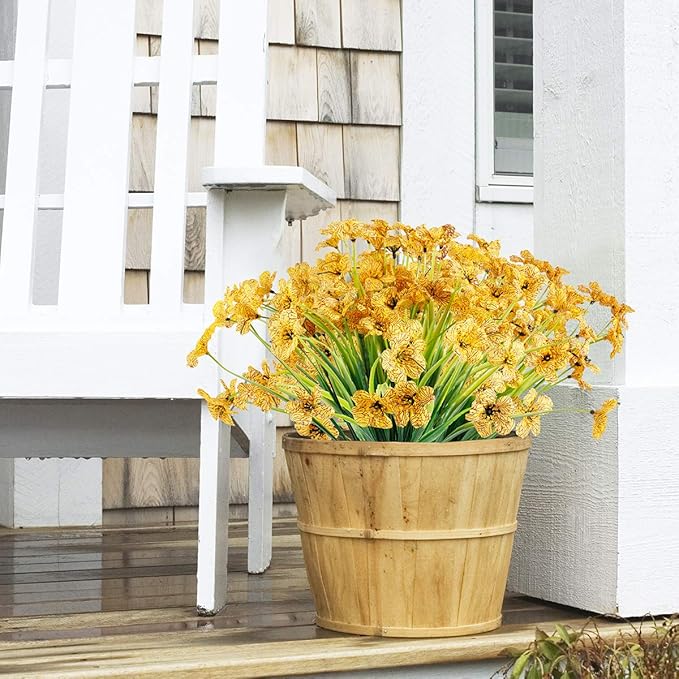 JEMONG 12 Bundles Artificial Flowers Outdoor UV Resistant Flowers No Fade Faux Plastic Plants Garden Porch Window Box Decorating (Yellow)