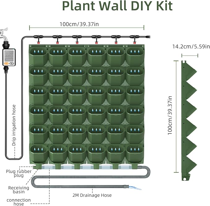 ZIAERKOR Self Watering Wall Mounted Vertical Planter, 36 Pots Wall Planter Indoor Vertical Living Green Plant Wall Easy Installation (Green with Timing System)