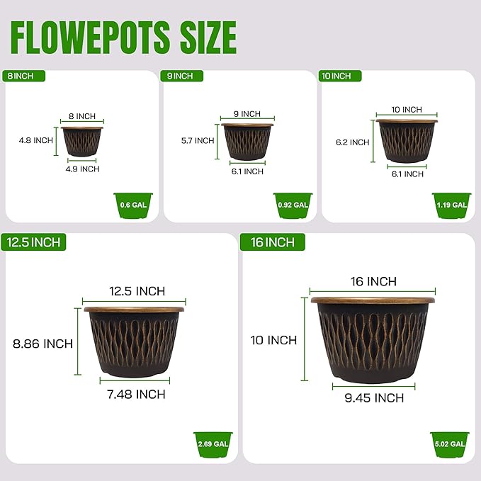 Usocik 4 Pack 12 Inch Retro Plant Pots, Vintage Striped Flower Pots with Drainage Hole & Saucer, Large Plastic Planters for Indoor and Outdoor Plants, Decorative Garden Pots(Gold)