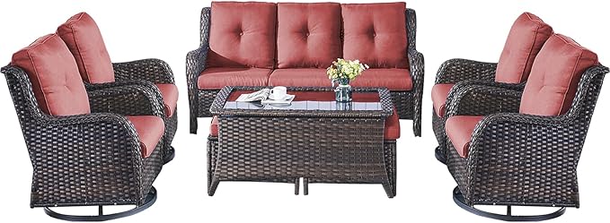Patio Furniture Swivel Chairs Set - 8 Piece Wicker Rattan Outdoor Sectional Conversation Sets with 4 Swivel Rocking Chairs,2 Ottomans,1 Sofa and 1 Coffee Table for Porch Deck Garden(Brown/Red)