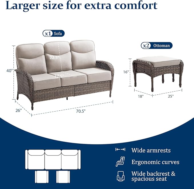 Outdoor Patio Sofa Set (3pcs) with High-Back Design—Thickened Cushions, Sofa Footstool, Patio Set, All-Weather Wicker Patio Furniture Set, Suitable for Balconies and Patios, Available in Brown/Beige
