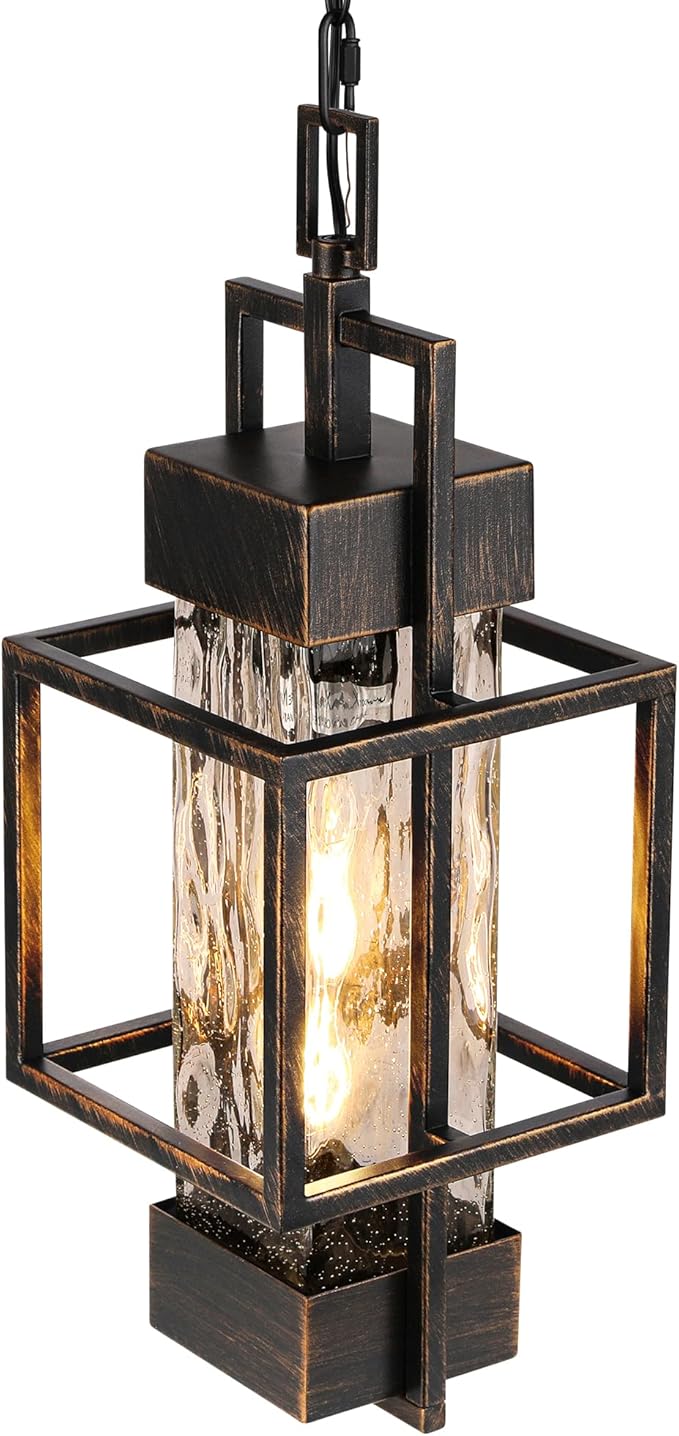 15" Outdoor Indoor Pendant Light Exterior Hanging Lantern, Modern Black Metal Outside Chandelier Light Fixture Ceiling Mount with Water Glass for Front Porch Entrance Foyer Entryway, Black Brush Gold