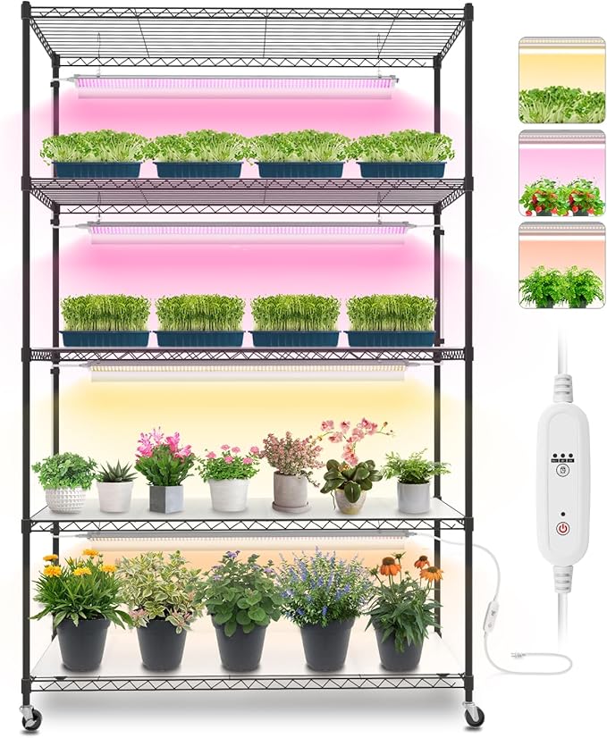 Bstrip Plant Shelf with Grow Lights, 5 Tier Large Tall Plant Stand with 3FT T5 144w Grow Light for Indoor Plants, 3 Mode Full Spectrum LED Plant Light with wheel and Timer for Seedling, 47.2x17.8x71IN