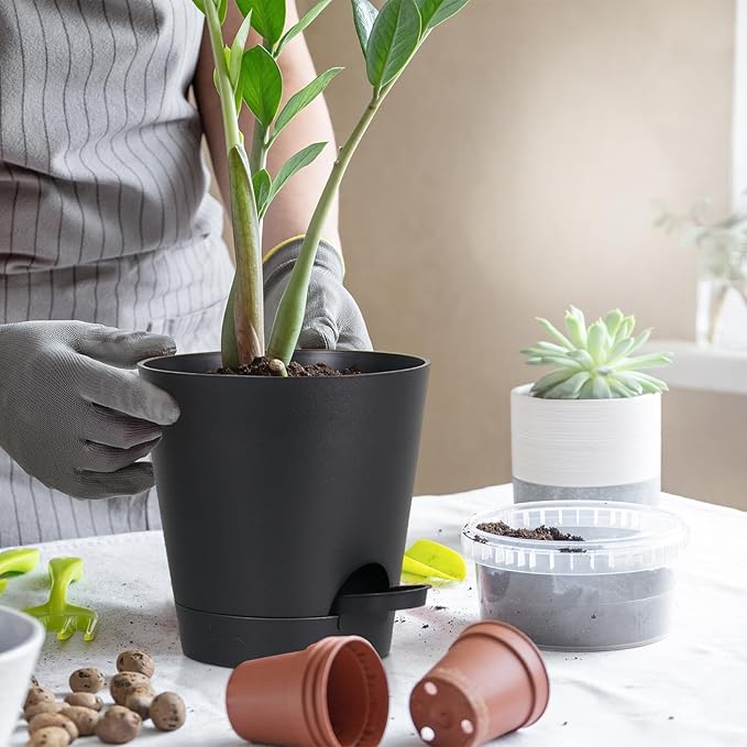 zople 5 Pack 5 inch Self-Watering Pots, African Violets Planter with Drainage Holes and Reservoir, Black Plastic Planter for Indoor Outdoor Plants Flowers and Houseplants Black, 5 inch 5 pcs