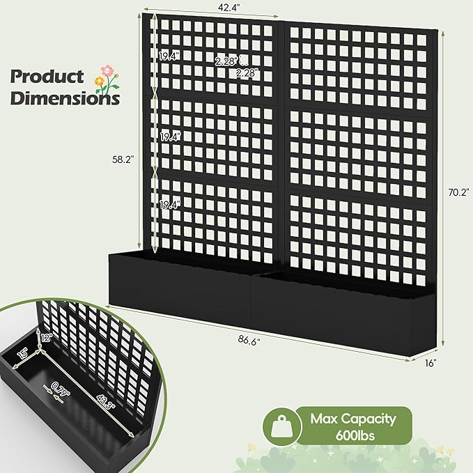Metal Raised Garden Bed with Trellis Set of 2, Vegetable and Flower Garden Boxes, Black Planter Box with Trellis for Climbing Plants Vegetable Outdoor Indoor, Large 2Pcs Set