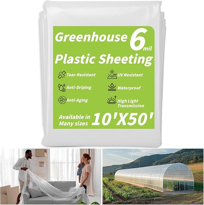 Greenhouse Plastic Sheeting 6 Mil,10 x 50 FT Transparent UV Resistant Polyethylene Film, Tear-Resistant Green House Hoop Cover for Gardening, Farming, Nursery, Henhouse, Anti-Drip & Weatherproof