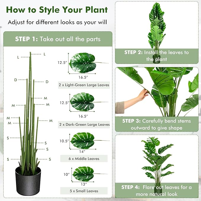 5FT Fake Monstera Deliciosa Plants, Faux Monstera Plant w/15 Turtle Leaves, Cement-Filled Plastic Pot, 60 Inch Fake Plant for Indoor Home Office Living Room Decoration