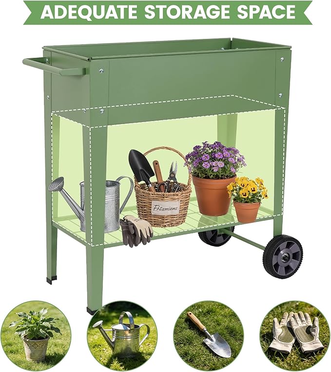 Elevated Raised Garden Bed with Legs- Galvanized Raised Beds for Gardening on Wheels, Anti-Rust Steel Planter Box with Storage Rack& Drain Hole for Backyard Patio Balcony (Green)