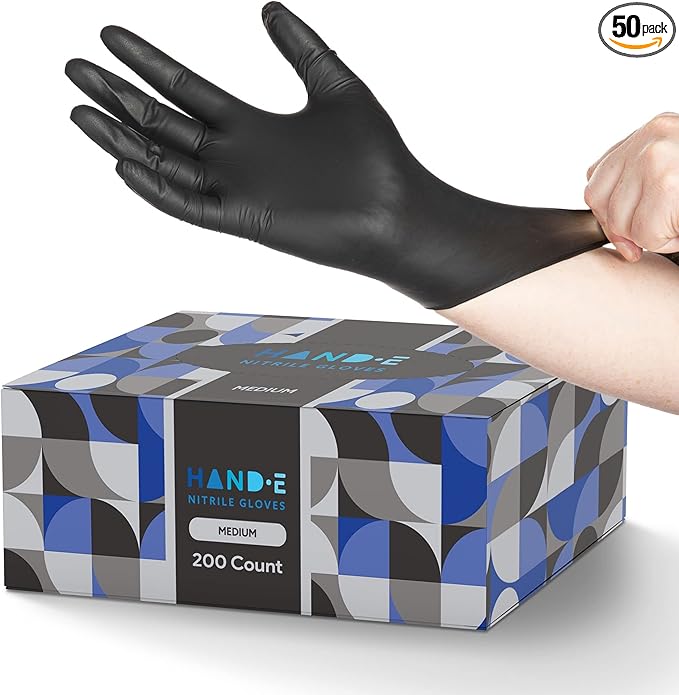 Hand-E Touch Black Nitrile Disposable Gloves Medium, 50 Count - BBQ, Tattoo, Hair Dye, Cooking, Mechanic Gloves - Powder and Latex Free