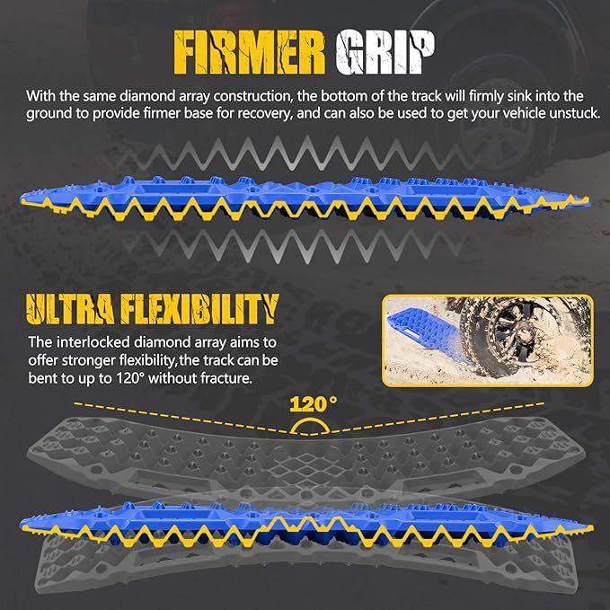 BUNKER INDUST Off-Road Traction Boards with Jack Base,Pair Recovery Track 4X4 Jeep Truck Emergency Tire Traction Mat with Bag -Sand, Mud, Snow Tracks Blue Traction Pad (Gen 7th)