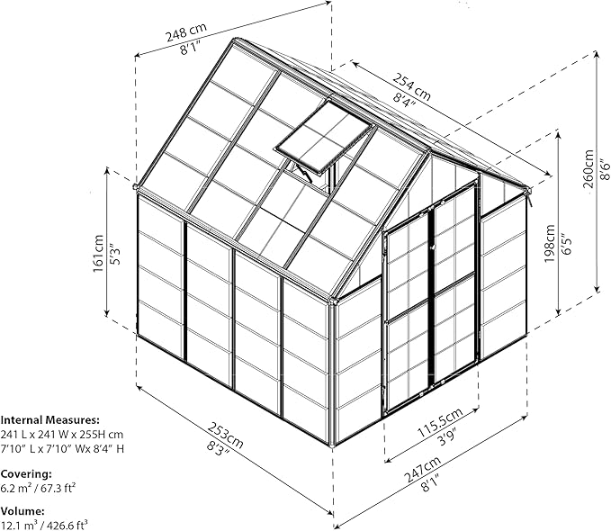 Palram - Canopia Snap & Grow 8 Ft. x 8 Ft. Greenhouse Kit Hobby DIY Walk in Green House Heavy Duty Polycarbonate, Aluminium Frame, with Lockable Door and Vent for Outdoors, Garden, Backyard in Silver