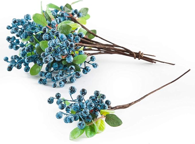 SHACOS Artificial Blue Berry Stems Pack of 20 Fake Blue Berries with Green Leaves 9.8 inch Fake Blueberries Picks for Christmas Decorations Crafts Holiday Home Decor Blueberry