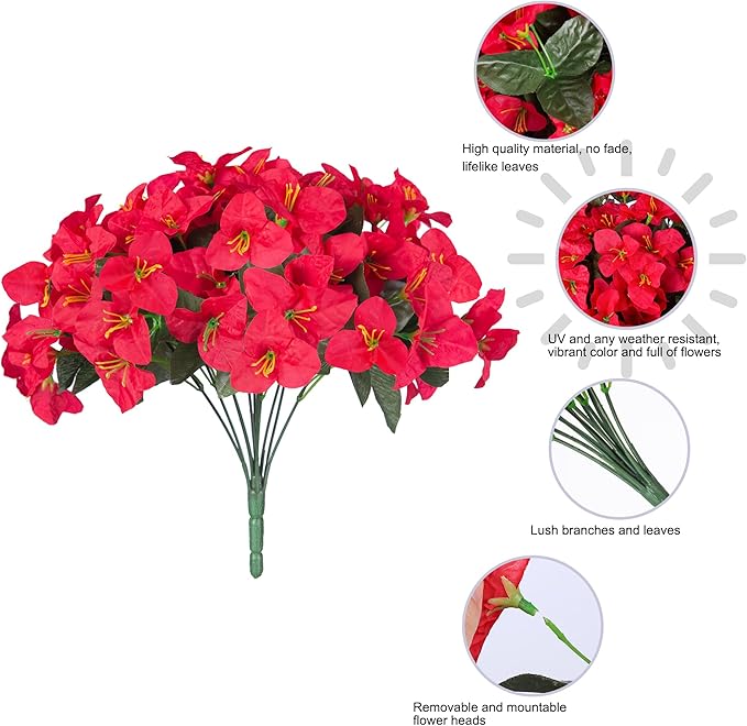 Ivydale Artificial Bougainvillea Flowers for Outdoors Spring Summer Decor, 4 Bundles Fake Red Silk Flowers for Outside Faux Plants UV Resistant Realistic for Outdoor Planters Patio Porch Garden Home