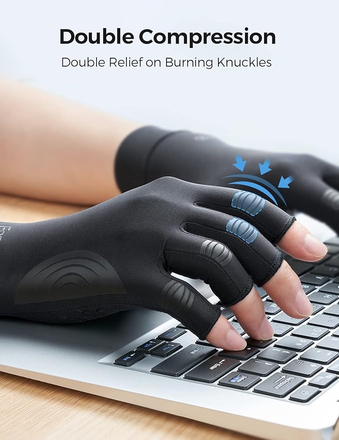 FREETOO Copper Arthritis Gloves for Carpal Tunnel Pain Relief, Strengthen Gloves to Alleviate Hand Pains,Swelling, Fingerless Computer Typing Gloves for Rheumatoid, Tendonitis Women/Men-L