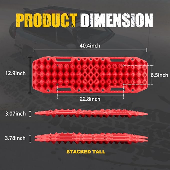 BUNKER INDUST Off-Road Traction Boards with Jack Base,Pair Recovery Track 4X4 Jeep Truck Emergency Tire Traction Mat with Bag -Sand, Mud, Snow Tracks Red Traction Pad (Gen 7th)