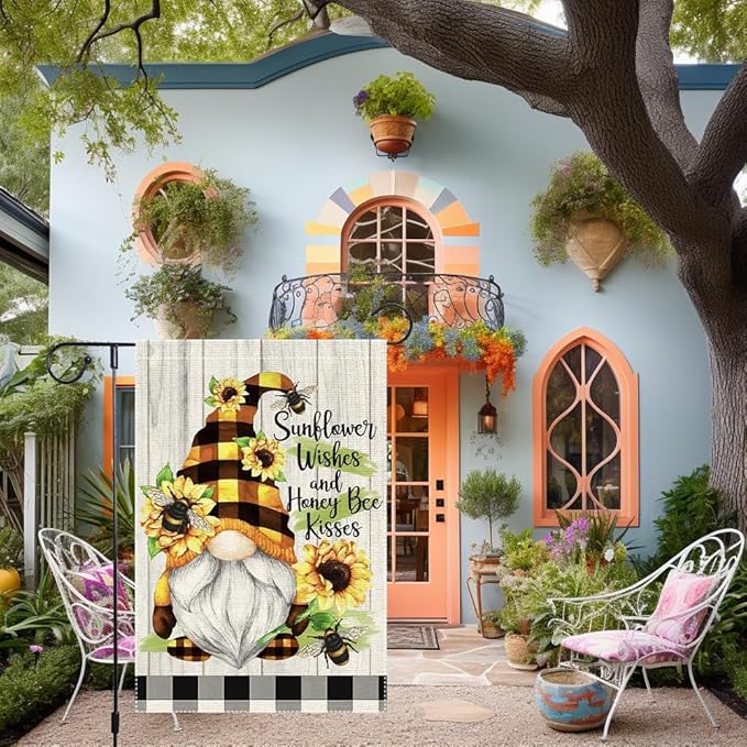 Spring Summer Buffalo Plaid Gnome garden flag Bee Sunflowers 12x18 inch Double Sided Small Burlap Home Outdoor Yard Lawn Patio Flags Decorations