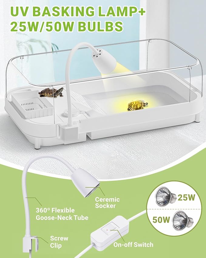 Moonorange Large Turtle Tank Kit (Tank+Lamp+Filter), Acrylic Turtle Tank Starter Kit with Heightened and Curved Fences, Bottom Drainage, Multi-Function Areas
