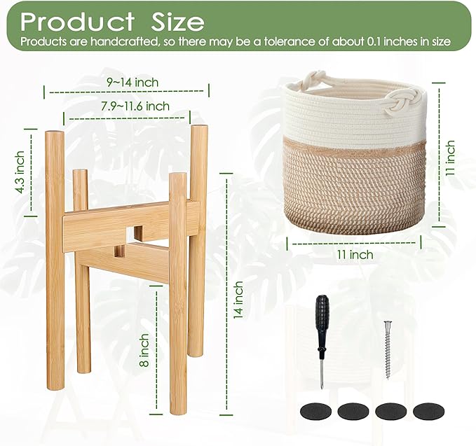 Flower Pot Rattan Plant Stand Planter with Stand, Tall Indoor Boho Woven Wicker Storage Basket with Adjustable Wood Shelf (White & Brown)