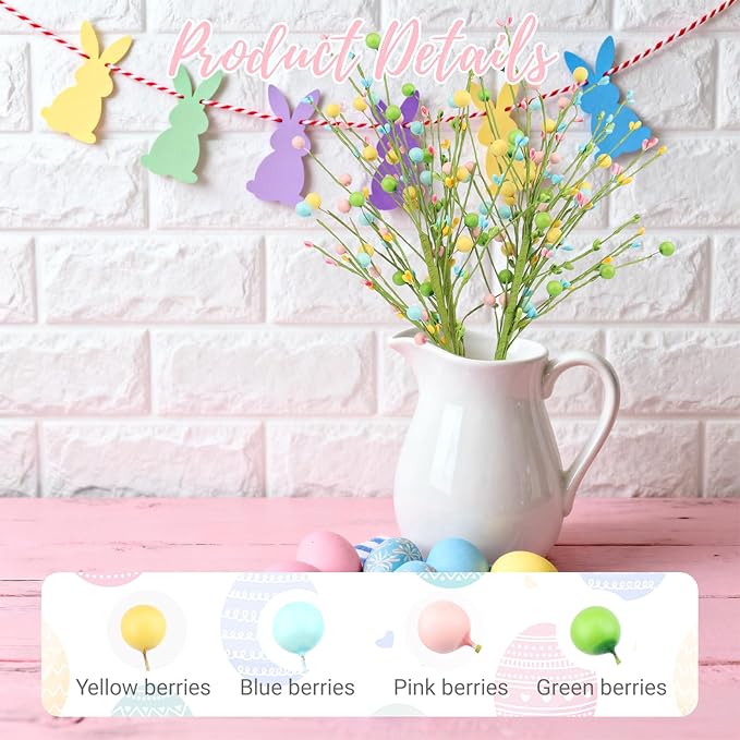 4 Pcs Artificial Easter Flowers Pastel Pip Berry Stems Spring Pip Berry Picks for Home Party Vase Flower Arrangement Centerpiece Easter Egg Decor