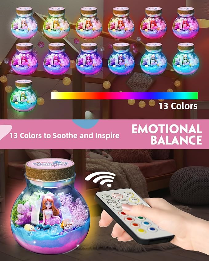 Light-Up Mermaid Terrarium Kit for Girls, DIY Arts & Crafts Gift for Girls Ages 4-6 7 8-12 Year Old, LED Night Light with Remote, Best Mermaid Birthday Decoration Toys Back to School Gifts for Kid
