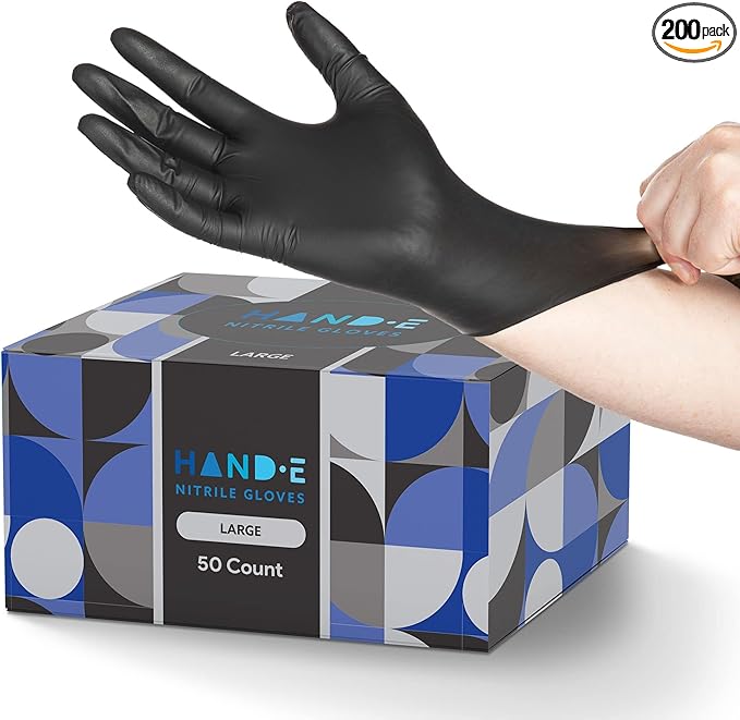 Hand-E Touch Black Nitrile Black Disposable Gloves Large, 200 Count - BBQ, Tattoo, Hair Dye, Cooking, Mechanic Gloves - Powder and Latex Free