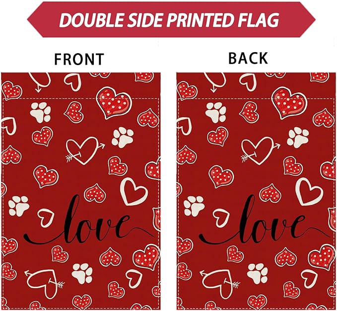 Red Love Heart Dog Paw Print Valentine’s Day Garden Flag Yard Flag 12x18 Inch Double Sided Small Mini Yard Outdoor Outside Holiday Decoration