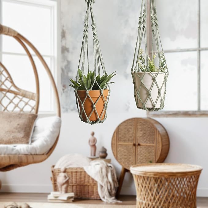 Artilady Macrame Hanging Planter for Indoor Plants, Boho Woven Plant Hanger Large Hanging Flower Pot Holders Outdoor Baskets Storage No Tassels Sage Green Wall Decor (Sage Green)