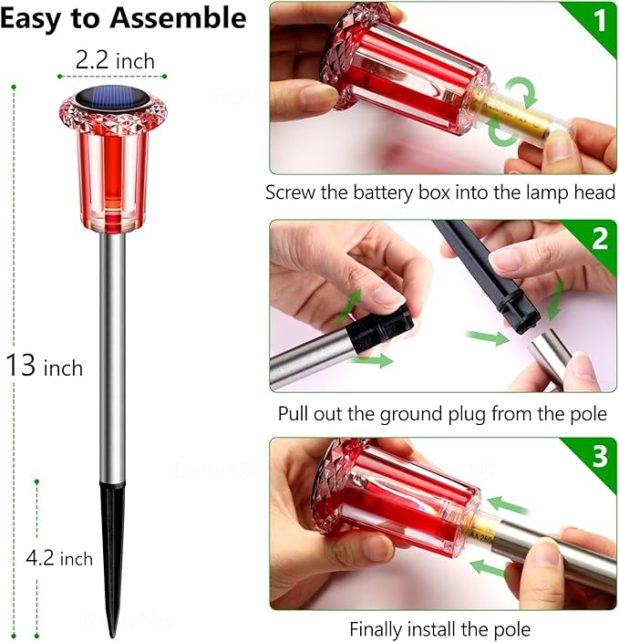 DenicMic Solar Lights Outdoor 10 Pack Waterproof Red White LED Stainless Steel Stake Outside Lights for Yard Pathway Garden Driveway Walkway Landscape Path Lighting Christmas Decorations
