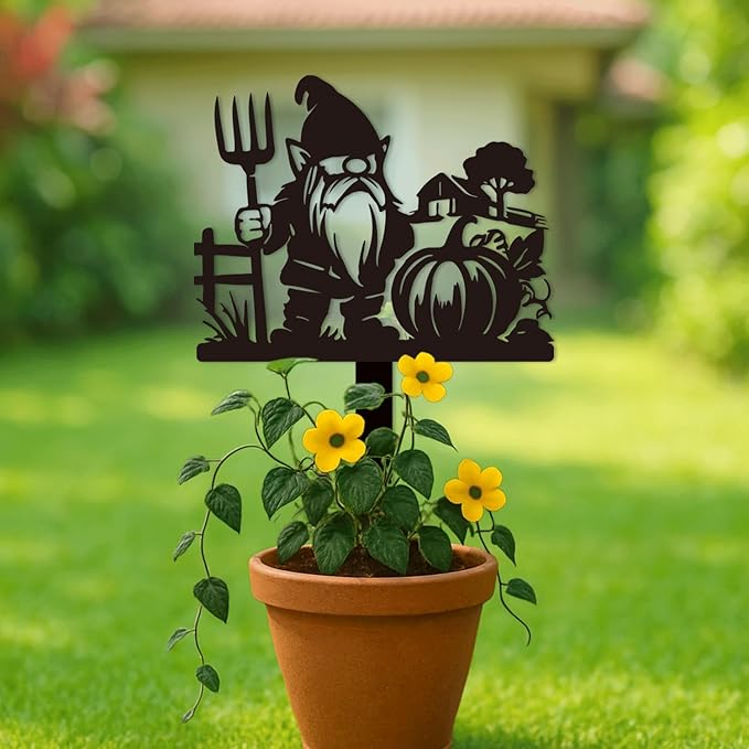 Magilab Personalized Iron Yard Stake - Christmas Cute Gnome Dwarves Decor, 8-Inch Black Metal Garden Sign for Outdoor (Style A)