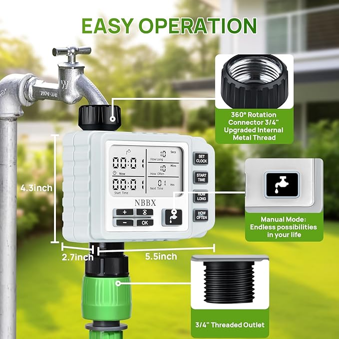 NBBX Sprinkler Timer for Garden Hose - Smart Water System with Rain Delay, Manual & Automatic Modes, IP54 Waterproof, Easy-Install Outdoor Faucet Timer for Lawn & Garden Care