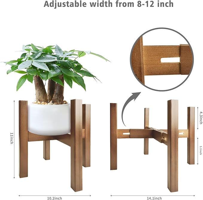 Natural Bamboo Plant Stand Indoor, Adjustable Plant Shelf Indoor Fits 8-12 Inch Pots, Mid Century Modern Decor to Refresh Your Space(Pot & Plant Not Included)