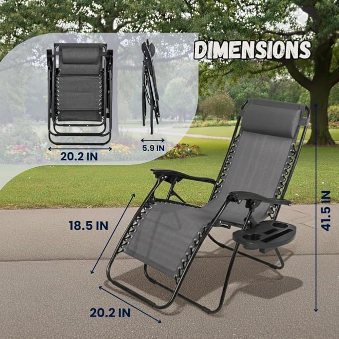 EZONE Zero Gravity Lounge Chairs Outdoor Adjustable Reclining Patio Chair Steel Mesh Folding Recliner for Pool Beach Camping Lounge Chair with Pillows and Cup Tray (2, Grey)