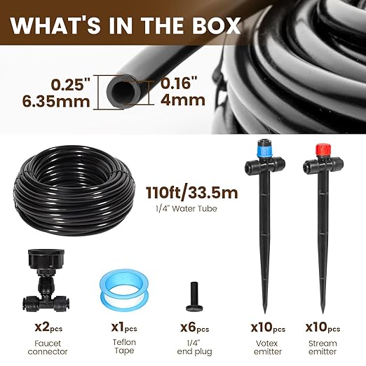 Eledom 110FT Quick-Connect Drip Irrigation Kit, Garden Watering System DIY Automatic Irrigation Equipment Set for Lawn Raised Bed Greenhouse Plant Watering with 1/4'' Tubing, Drip Emitters, Connectors