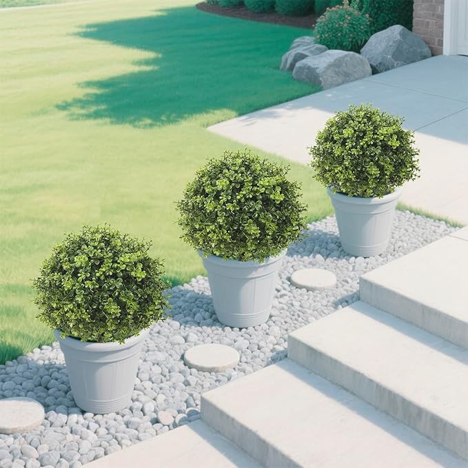 R’s Ceder Artificial Boxwood Topiary Ball Trees, 2 Set of 19'' UV Resistant Fake Evergreen Shrubs Bushes Plants with Ground Spike Fake Plants for Outdoor Indoor Front Porch Garden
