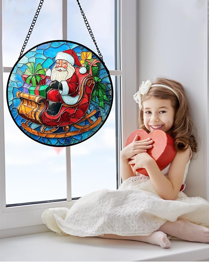 DASTOLL Stained Glass Window Hanging - Red Santa Claus Gift Box Suncatcher for Doors Home Christmas Decoration Winter Sun Catcher Thanksgiving New Year Birthday Gift for Women Men Mom Nana 15 in