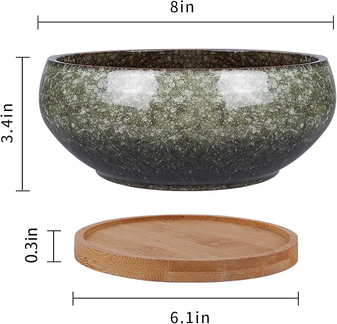 EPFamily 8 Inch Ceramic Bonsai Planter Pot, Glazed Shallow Succulent Planter with Drainage Hole and Bamboo Saucer for Indoor Plants, Brown